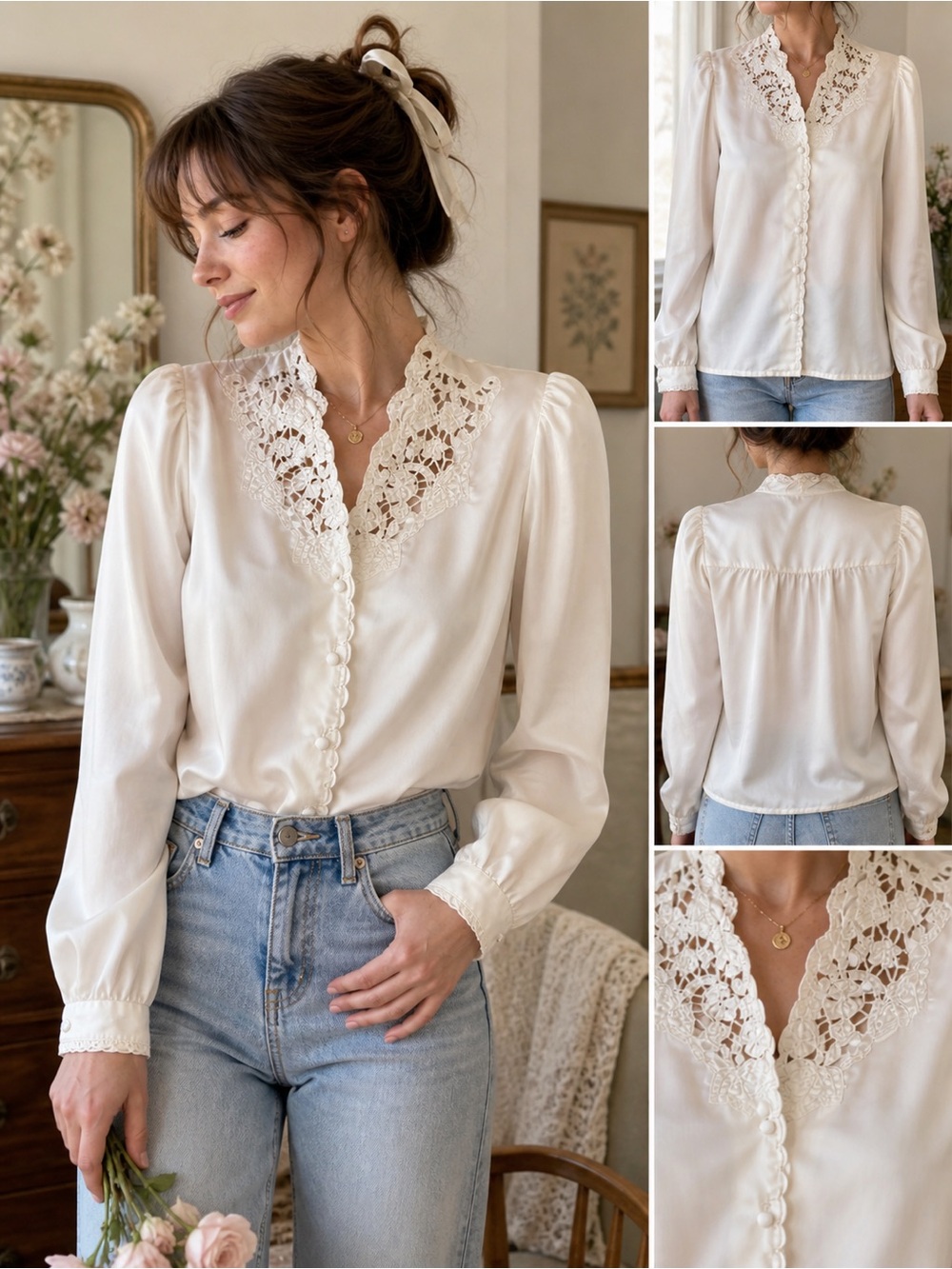 Vintage-Inspired Lace Trim Cream Blouse